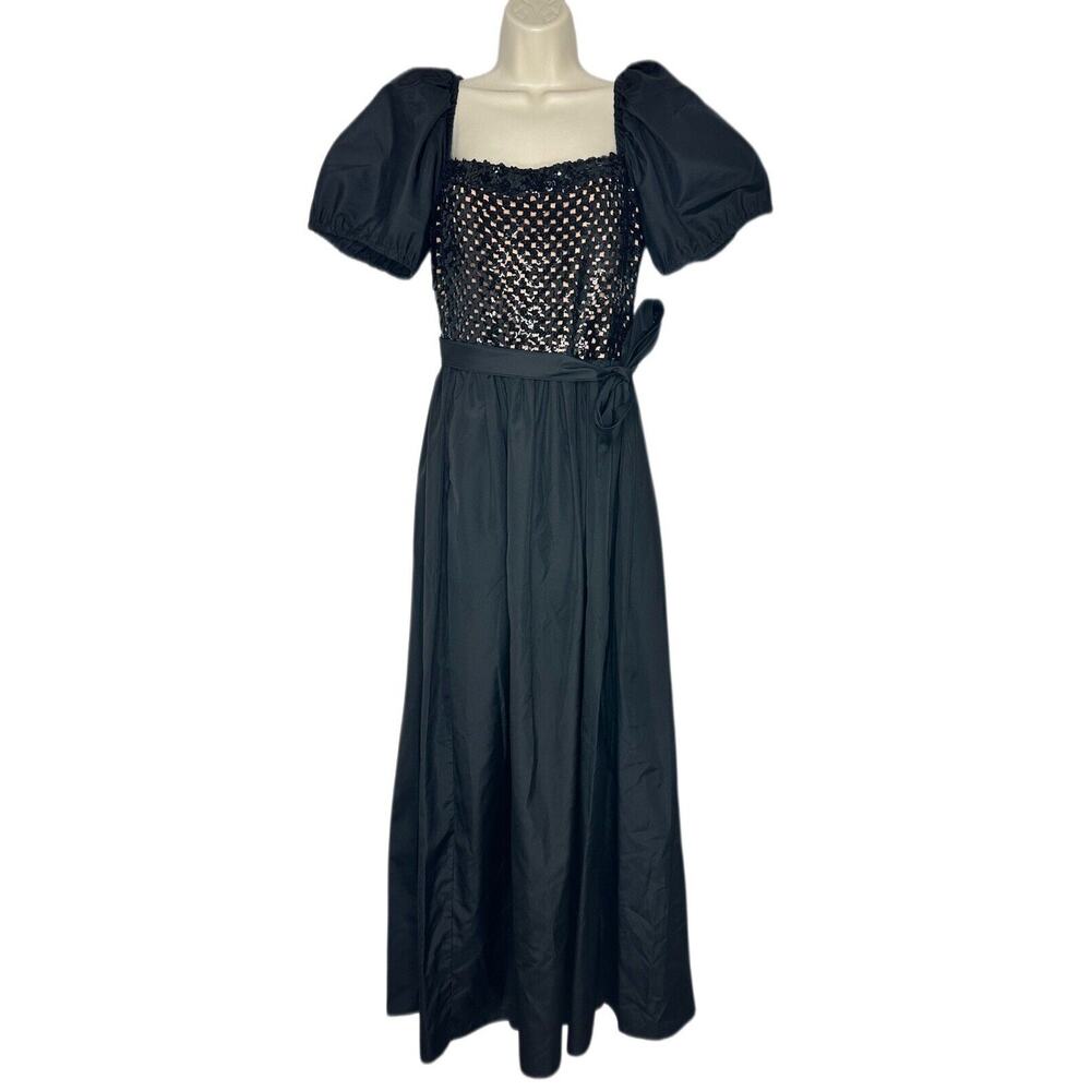 VTG DOROTHY BULLITT Ardmore Chestnut Hill Black Sequin Puff Sleeve Maxi Dress 12